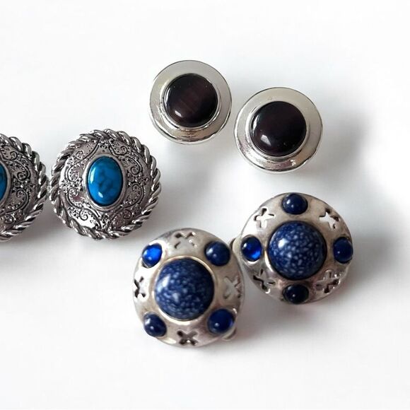 Vintage Silver Cabochon Western Clip Earrings Lot - Picture 2 of 4